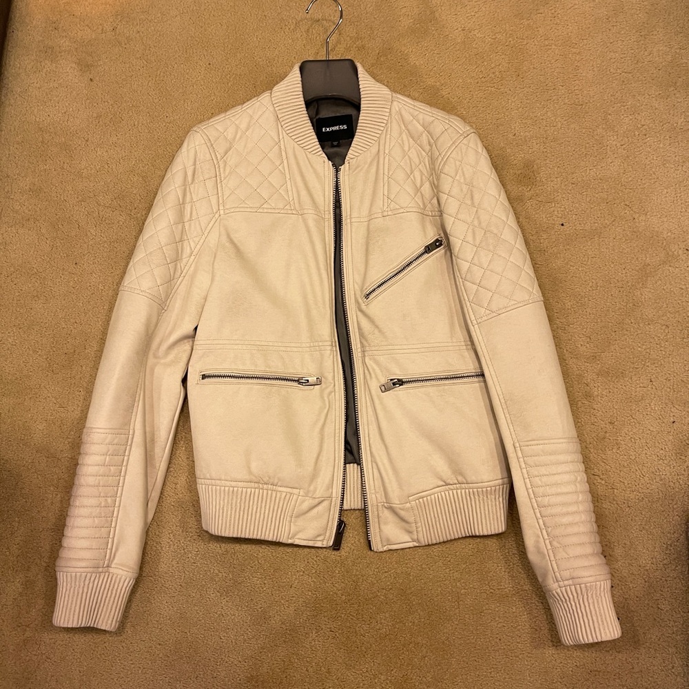 Express Mens bomber leather jacket off white XS